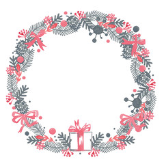 Fototapeta na wymiar Fancy Christmas wreath with decorative balls, pine tree branches and cones. watercolor hand drawn illustration