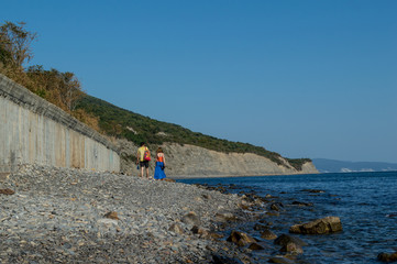 Coastal landscape. Rear view of a couple walking on the beach, holding hands.