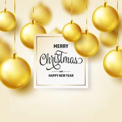 Christmas Background With Tree Balls. Golden Ball. New Year. Winter holidays. Season Sale Decoration. Gold Xmas Gift.
