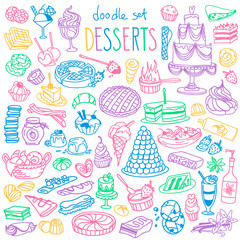 Desserts, sweets, candies and pastry doodles set. Hand drawn vector illustration isolated on white background