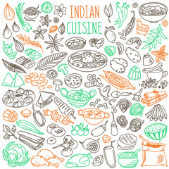 Indian food doodles set. National cuisine, main dishes, desserts, drinks. Hand drawn vector illustration isolated on white background