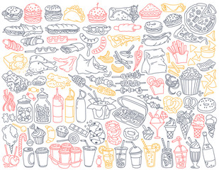 Fast food doodle set. Take away meals, snack and drinks - burgers, french fries, chicken wings, barbecue, sweets, soda, coffee to go. Hand drawn vector illustration isolated on background
