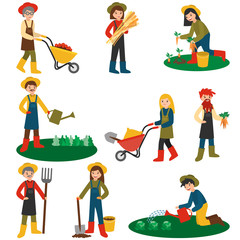 Fototapeta premium Flat design farmers set illustration vector. Farmer harvesting crop.
