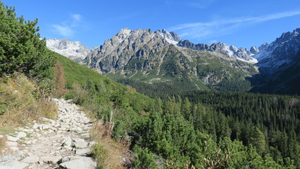 Fototapeta na wymiar Poprad pleso and Tatra peaks visible from the back. A popular place from which many tourists embark on high mountains. Beautiful nature, blue sky and unparalleled peaks.