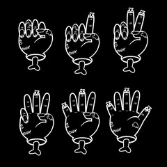 Zombie counting hand gesture set. Halloween counting hand sign from zero to five. Communication gestures concept. Vector illustration isolated on black background.