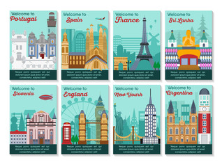 Set of different cities for travel. Landscape template flyer. Landmarks banner in vector. Travel destinations cards. Portugal, Spain, France, Sri Lanka,, Slovenia, England, New York, Argentina