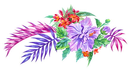 Bouquet of tropical flowers of hibiscus and frangipani and palm leaves, watercolor illustration on a white background, isolated.