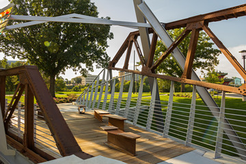 Recreation Area made of old rails near the Chinese garden and walking trail along the Des Moines river, downtown , Des Moines, Iowa, USA