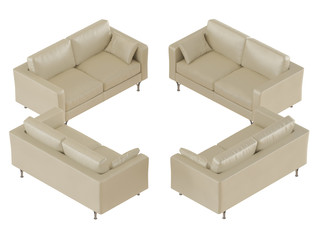 Four beige leather sofa with a pillow with iron legs on a white background 3d rendering