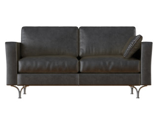 Two black leather sofa with a pillow with iron legs on a white background 3d rendering