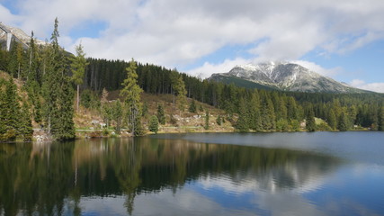 Strbske pleso and Tatra peaks visible from the back. A village located in the valley, from which tourists are moving to the Tatras. Colorful waters of a mountain pond, blue sky and unending peaks.