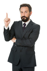 Man advisor pointing advertisement isolated on white. Check out financial advisor. Business advisor manager show direction. Look at that statistics financial data. Pointing at business advertisement