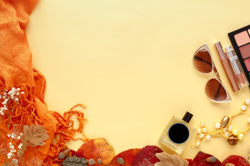 Fashion female accessories Set. autumn leaves, sunglasses, perfume and cosmetics