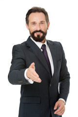 Businessman glad to meet you. Businessman bearded handsome entrepreneur. Successful businessman concept. Customer service tips improve business. Businessman formal suit mature man isolated white
