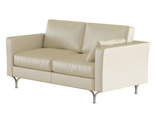 Beige leather sofa with a pillow with iron legs on a white background 3d rendering