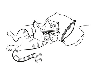 Hand drawn cat is a reading a magazine lying on the couch