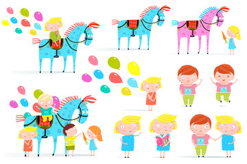 Group of little kids playing with circus horse and balloons set.