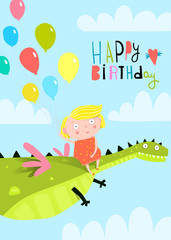 Little girl happy birthday with dinosaur and balloons.