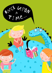 Fairy tale dragon reading a book to kids cartoon.