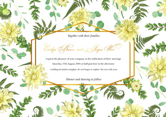 Design watercolor vector geometric golden frame on a black background with leaves of forest fern, boxwood, eucalyptus branches and flowers of yellow dahlia. Wedding invitations, postcards