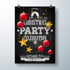 Christmas Party Flyer Illustration with Gold Star, Red Ornamental Ball and Typography Lettering on Vintage Wood Background. Vector Celebration Poster Design Template for Invitation or Banner.