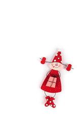 Red Santa Female Troll with Gift, Long Gray Hat and Pearl necklaces , handmade Scandinavian Christmas decoration isolated on white background. Copy Space