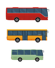 Three buses isolated on white background. Concept of public transport. Flat style. Vector illustration. 
