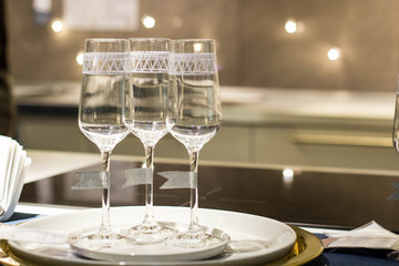 Table served for Christmas dinner in living room, close up view