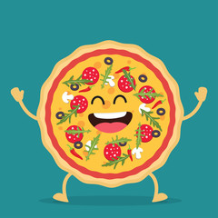 Happy pizza cartoon character.