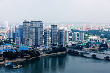 Obraz premium North Korea, Pyongyang - Panoramic shooting of the central part of North Korea's capital city Pyongyang 