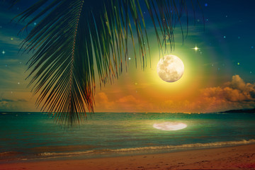 Full moon with stars on caribbean beach.