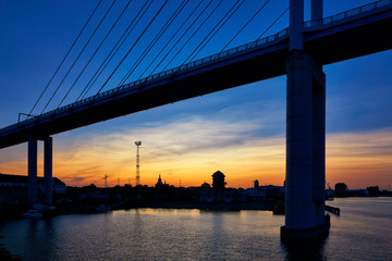 Bridge to the island of Rügen with sunset and view of Stralsund. Germany