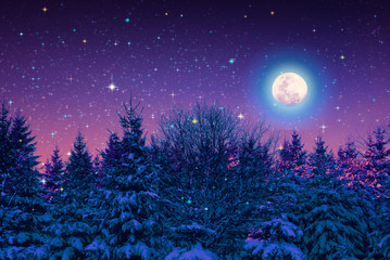 Winter landscape with snow covered fir trees and full moon.