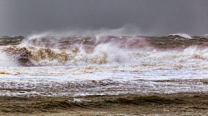 Stormy winter sea with high waves and wind