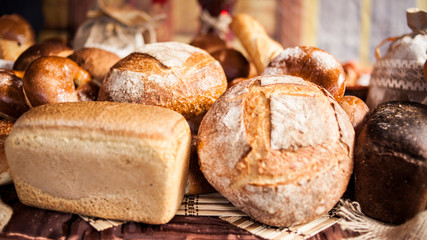 various bakery products in stock. Buns, bread, bagels.