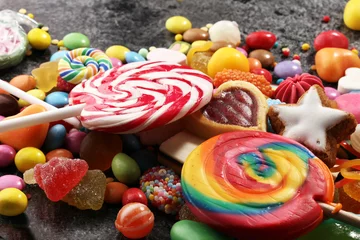 Papier Peint photo Bonbons candies with jelly and sugar. colorful array of different childs sweets and treats.