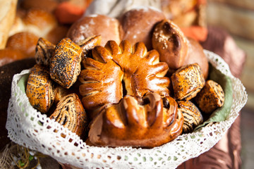 various bakery products in stock. Buns, bread, bagels.