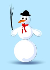 Snowman with silk hat and red scarf, isolated figure, clipart on cool blue background, vector illustration