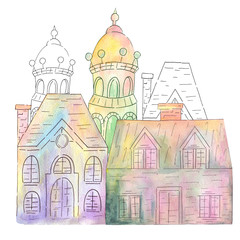 Watercolor illustration of the cityscape. Aquarelle spots and flowers.