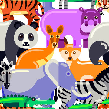 Animals seamless pattern. Vector flat illustration of zoo. Colorful cartoon background