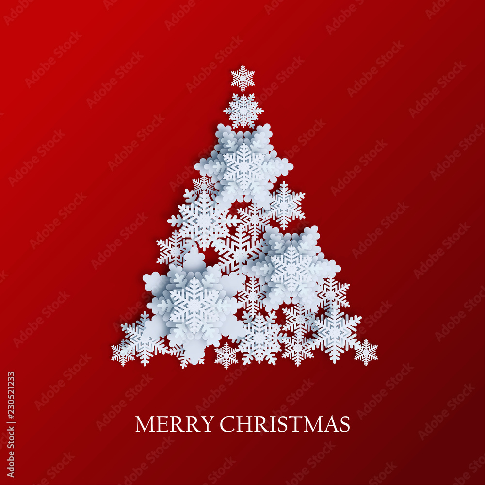 Poster abstract background with xmas tree made of volumetric paper snowflakes. white 3d snowflakes with sha