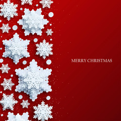 Abstract Christmas background with volumetric paper snowflakes. White 3D snowflakes with shadow. Xmas and new year card template. Winter paper art design