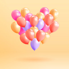 Heart shape made of realistic glossy helium balloons floating on yellow background. Vector 3D balloons for Valentine's day, wedding or promotion banners or posters. Pastel colored balloons