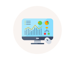 Analytics graph icon. Computer display screen. Monitor with mouse sign. Digital device screen. Modern computer symbol. Colorful analytics graph icon in circle button. Vector