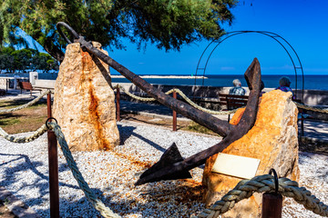 ancient still of a sunken ship, with commemorative plaque, preserved in the municipal villa of...