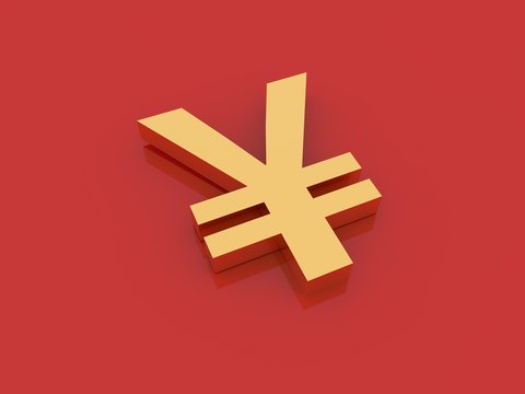 Japanese currency sign on a red background. 3d rendering illustration.