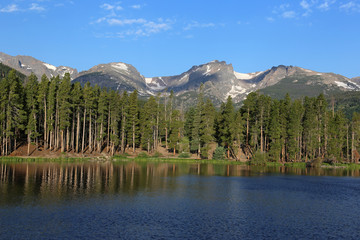 Sprague lake at sunrise, located in Rocky Mountain National Park, Colorado.