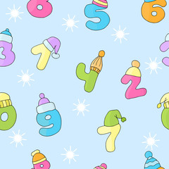 Vector seamless background with drawn numbers from 0 to 9 in winter hats