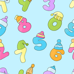 Vector seamless background with drawn numbers from 0 to 9 in winter hats