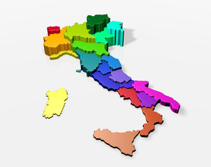 Mappa 3D dell’Italia, con le sue regioni colorate, 3D rendering
